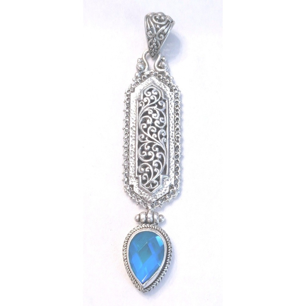 Sarda 925 Sterling Silver Balinese Filigree Blue Topaz Pear Drop Pendant